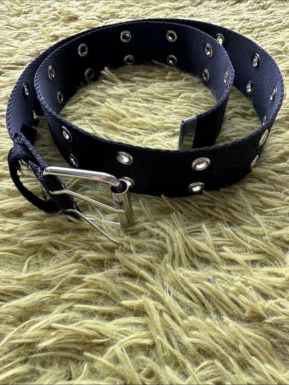 H&M Black Double-Row Grommet Canvas Belt with Silver Buckle